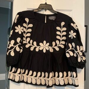 By Anthropologie navy and Cream Embroidered Women's Top